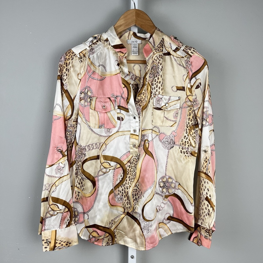 Vintage‎ Y2K Cache Pink Brown Top Womens S Leopard Rope Ribbon Print Silk Blend